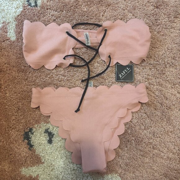 Zaful Other - ZAFUL Women's M Pink Strapless Bandeau Scallop Strappy Bikini-Textured Swimsuit
